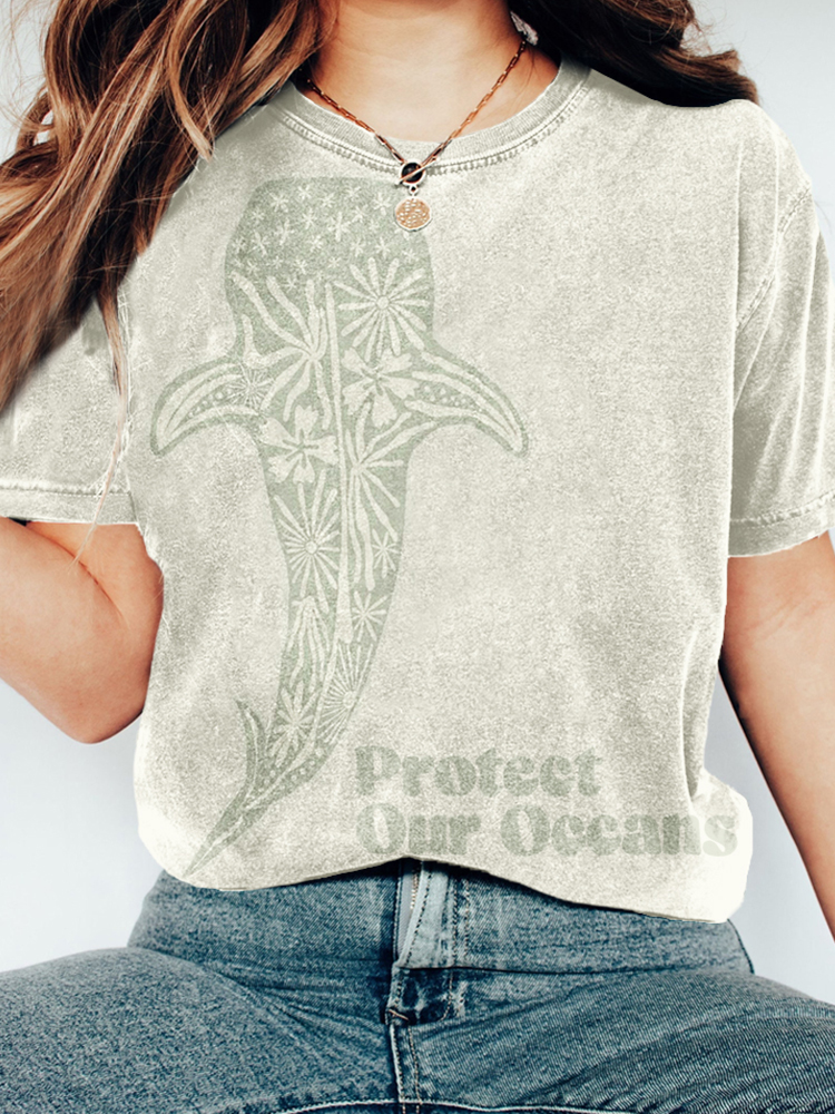 Protect Our Oceans Whale Shark Print Washed T Shirt