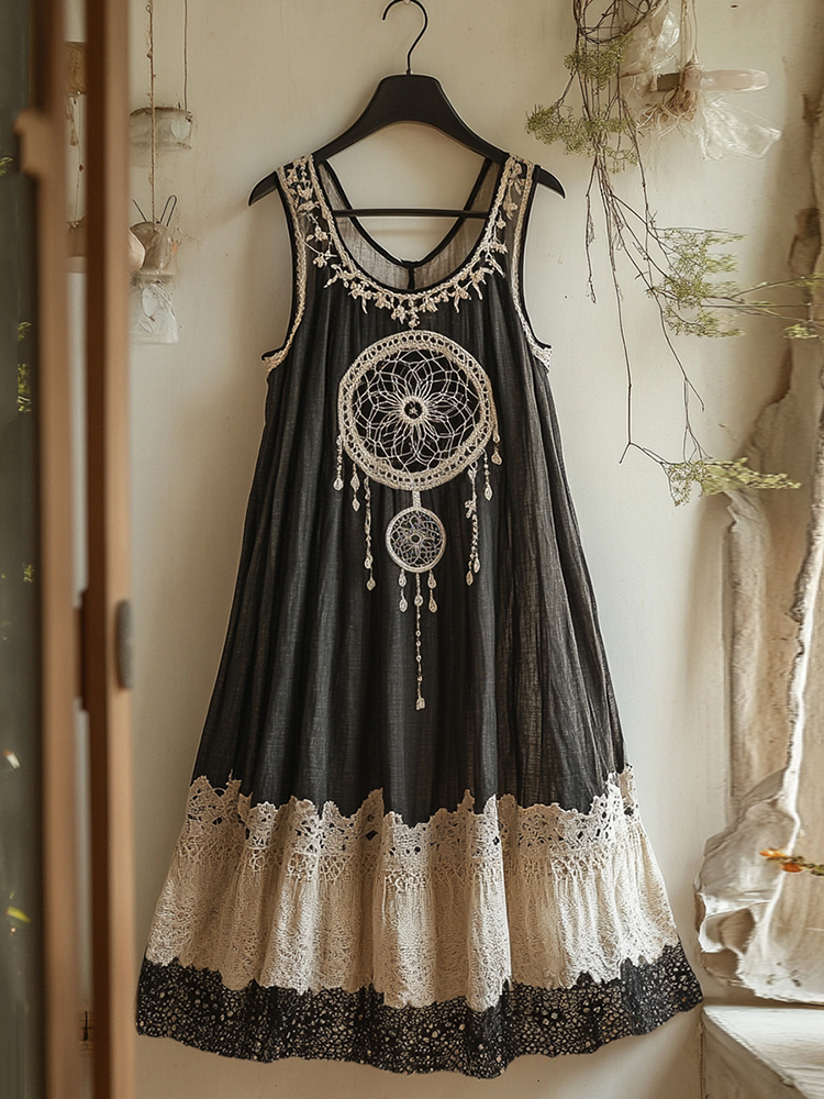 Viking Dreamcatcher Embroidered Flowy Linen Tank Dress