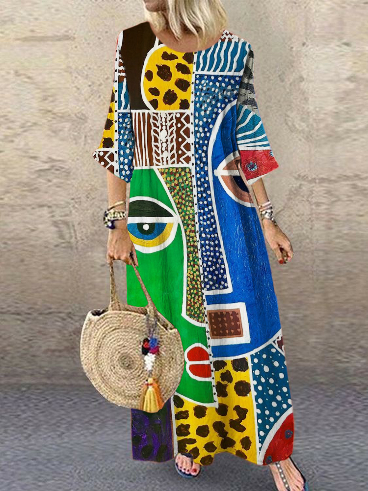 Face Geometric Abstract Art Women's Linen Maxi Dress