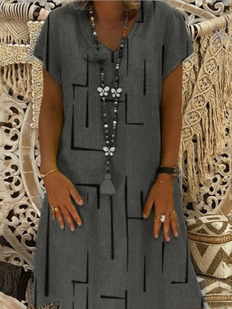 Geometric Pattern V Neck A Line Midi Dress