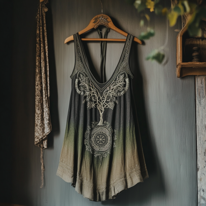 Vintage Tribal Celtic Knot Life Of Tree Gradient Art Print Women's Linen Tank Top