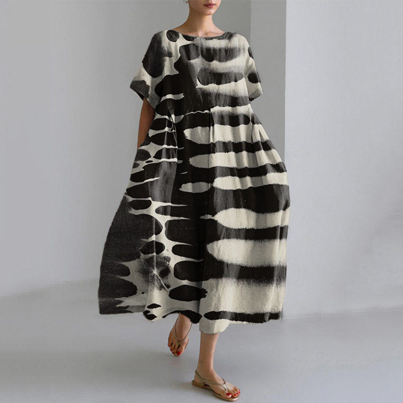 Women's Zebra Style Abstract Art Print Linen Blend Dress