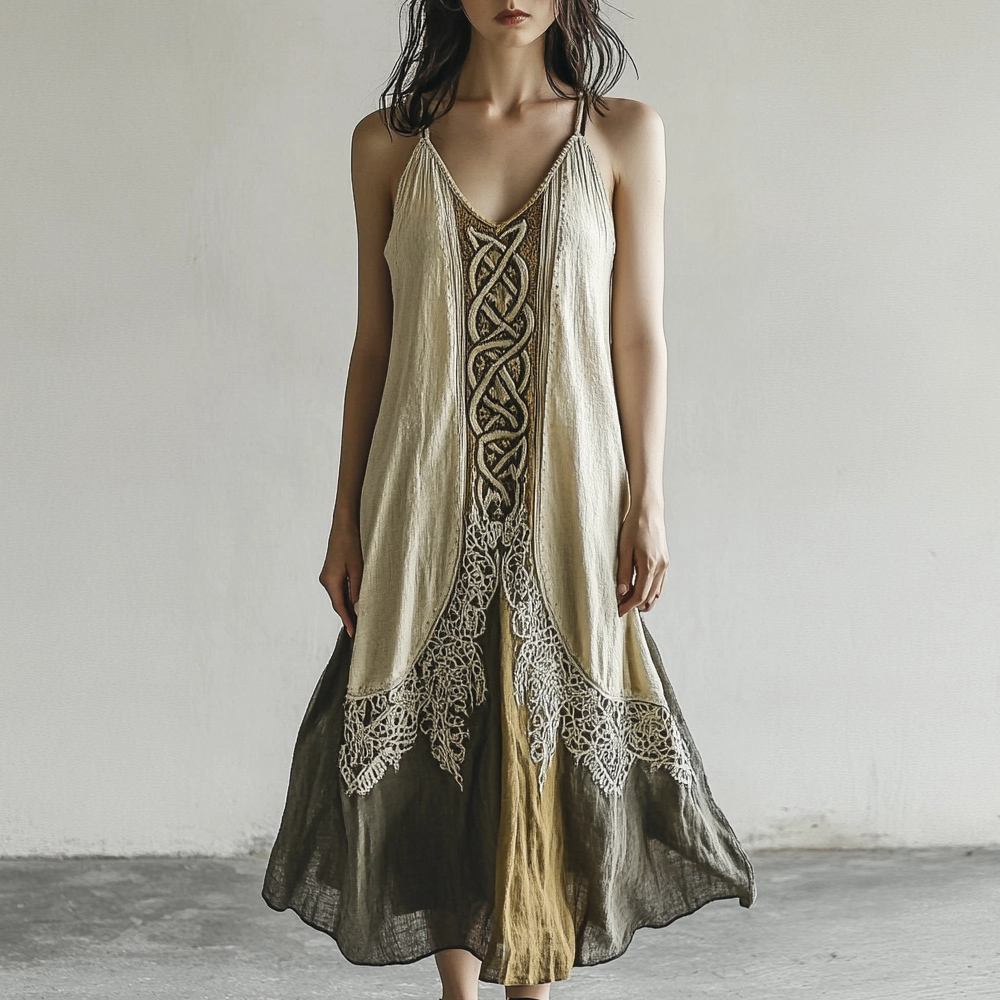 Vintage Celtic Knot Gradient Lace Linen Halter Dress