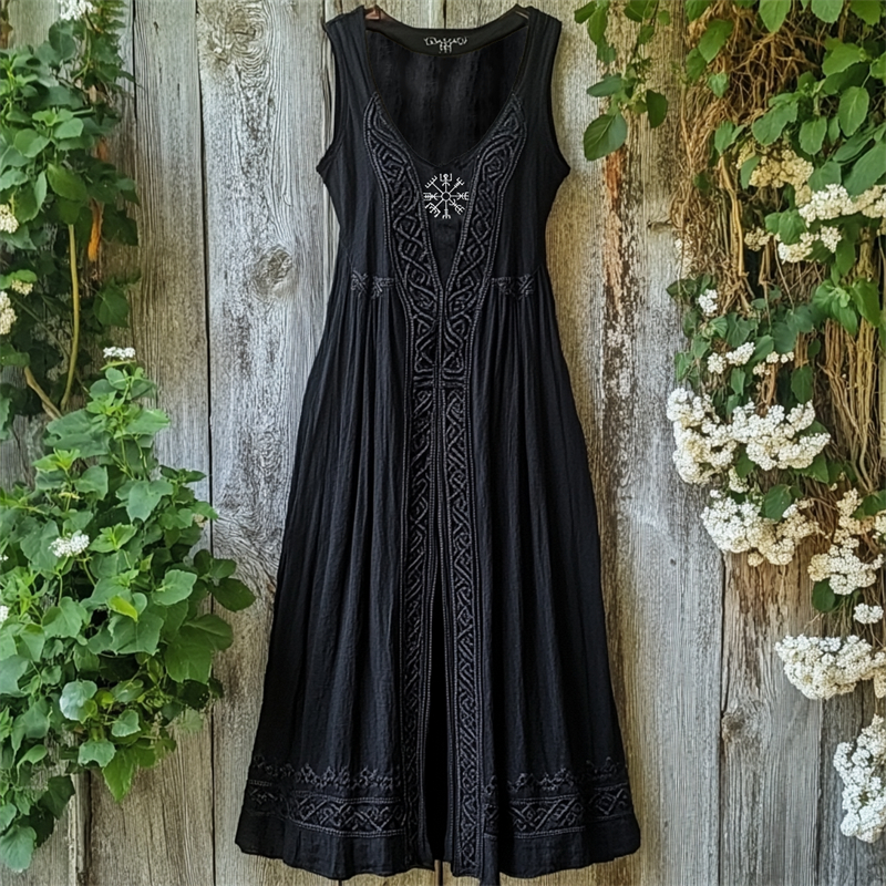 Viking Vegvisir Embroidered Celtic Knot Linen Tank Dress