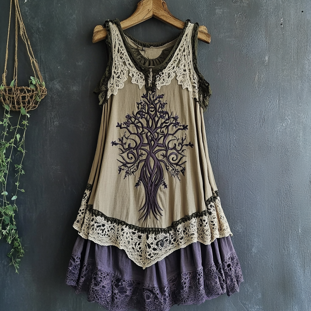Women's Vintage Tribal Viking Tree Of Life Lace Panel Dress