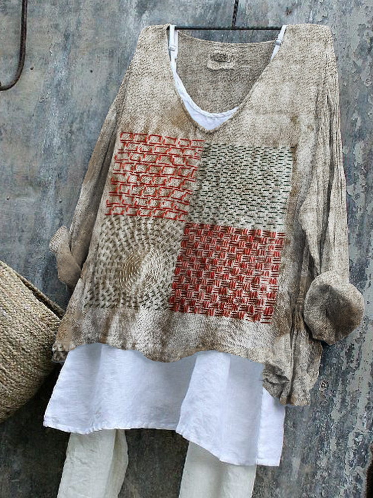 Geometric Japanese Sashiko Embroidered Art Linen Blend Tunic