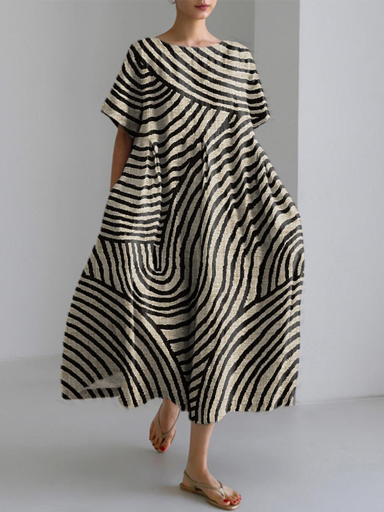 Women's Abstract Art Striped Print Vintage Linen Blend Dress