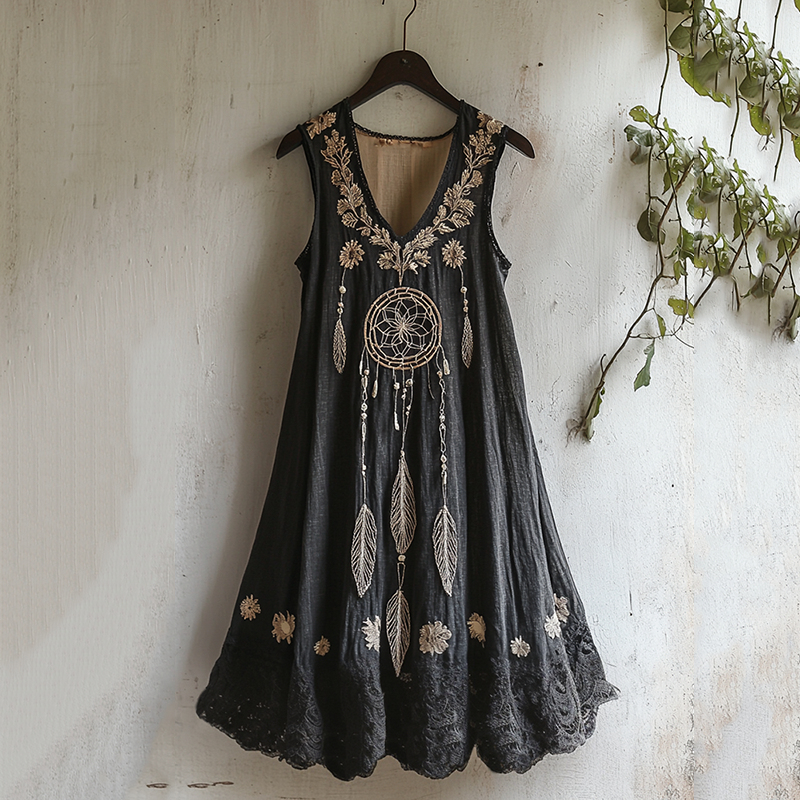 Women's Dreamcatcher Embroidered Flowy Linen Tank Dress