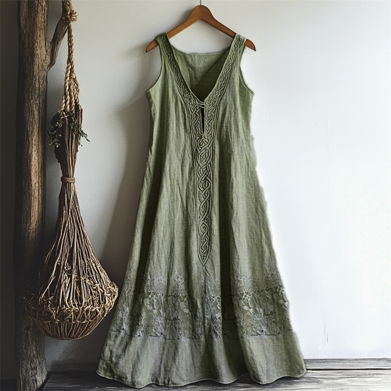 Vintage Celtic Knot Lace Patchwork Linen Tank Dress