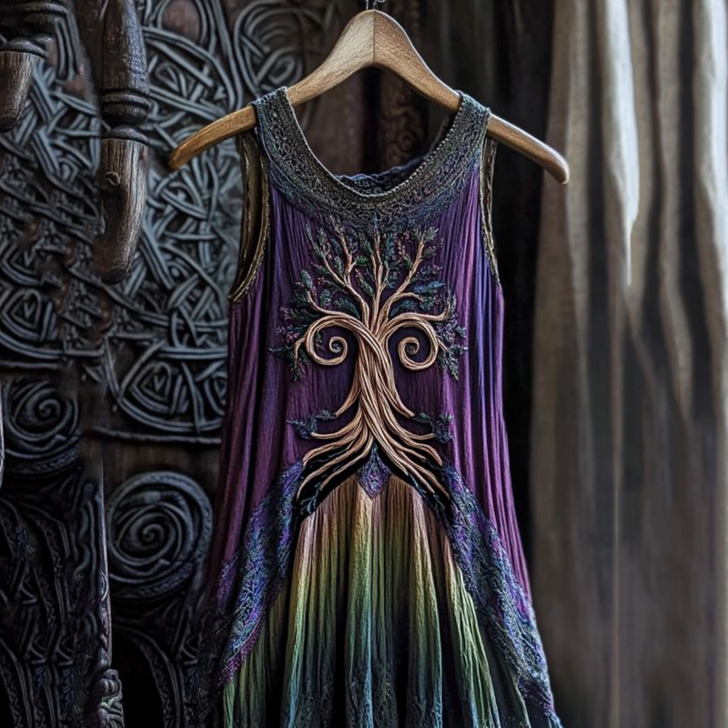 Vintage Viking Celtic Tree Gradient Linen Comfy Midi Dress