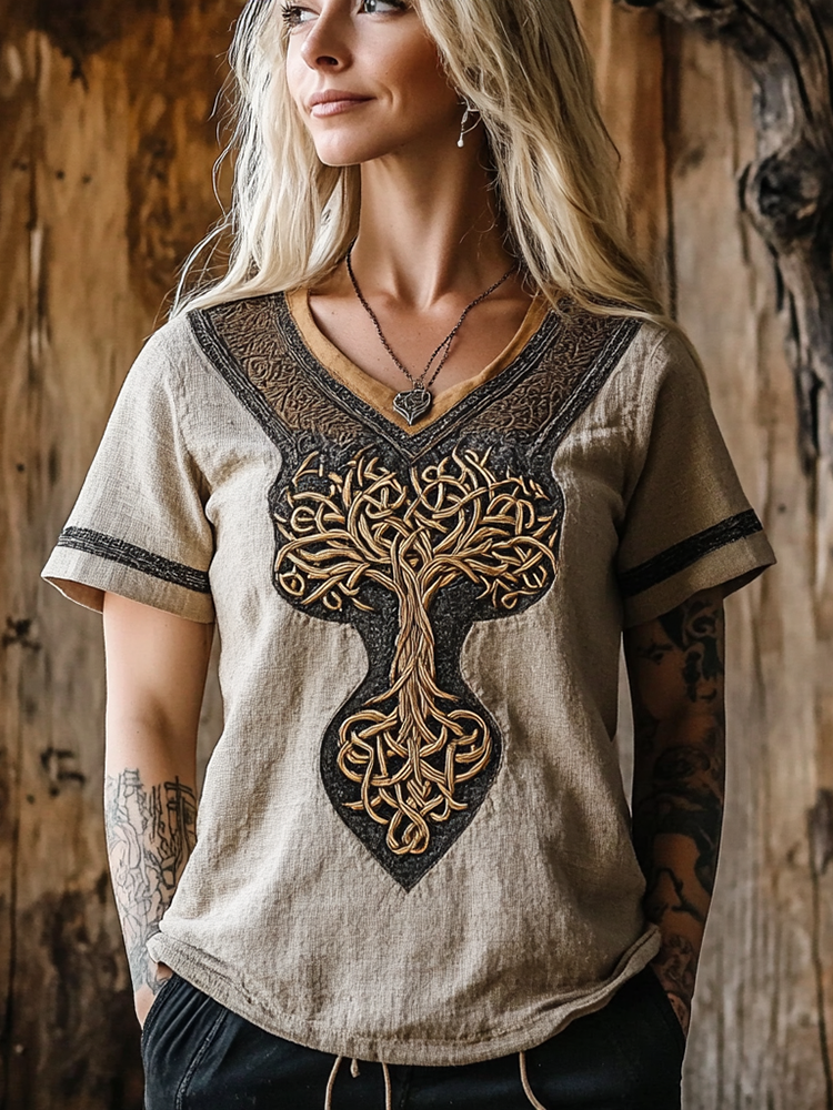 Women's Viking Tree Of Life Celtic Knot Art Linen T-shirt