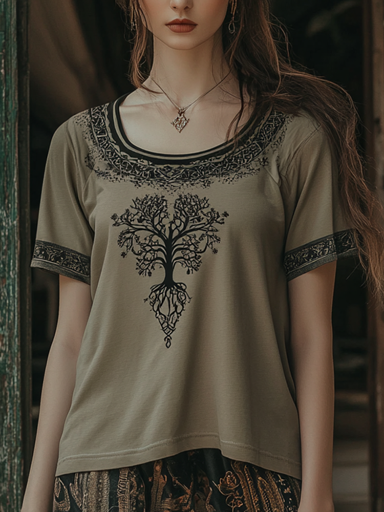 Vintage Tribal Tree Of Life Print Crew Neck T-shirt