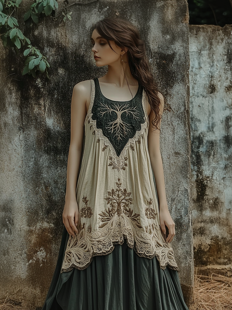 Vintage Tribal Celtic Knot Life Of Tree Patchwork Tank Midi Dress