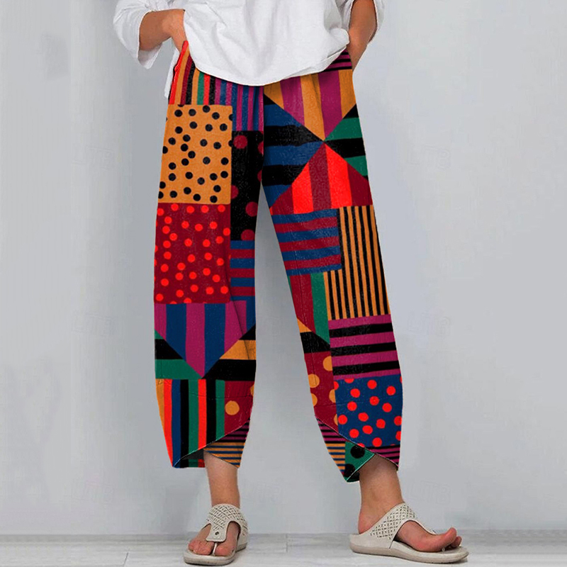 Women's Vintage Geometric Pattern Linen Blend Pants