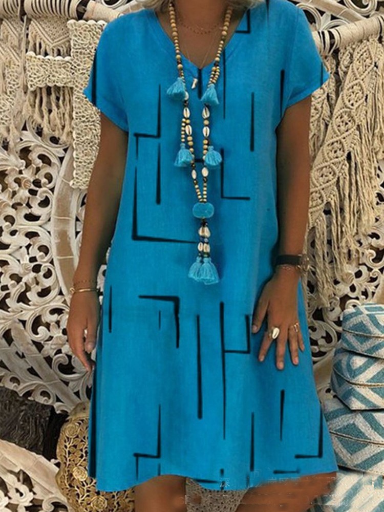 Geometric Pattern V Neck A Line Midi Dress