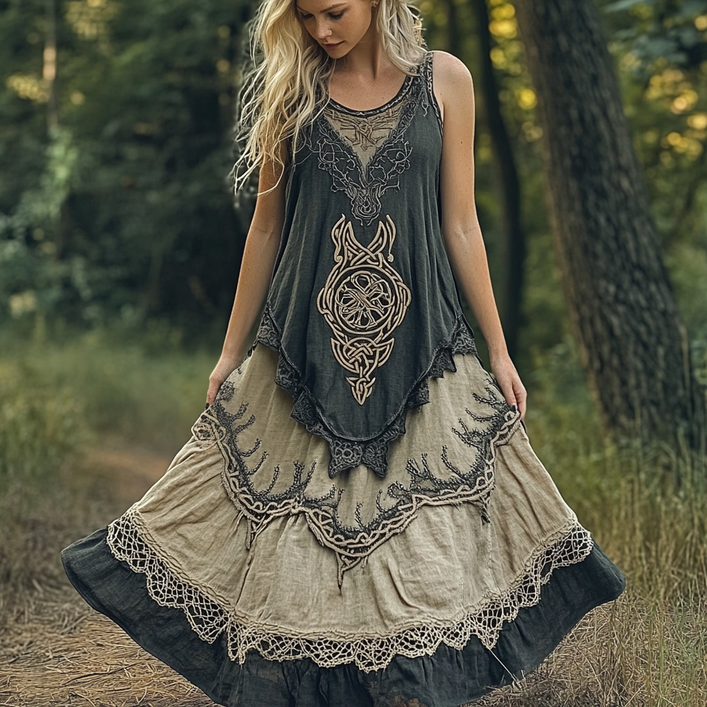 Womens Viking Celtic Knot Rune Art Linen Dress