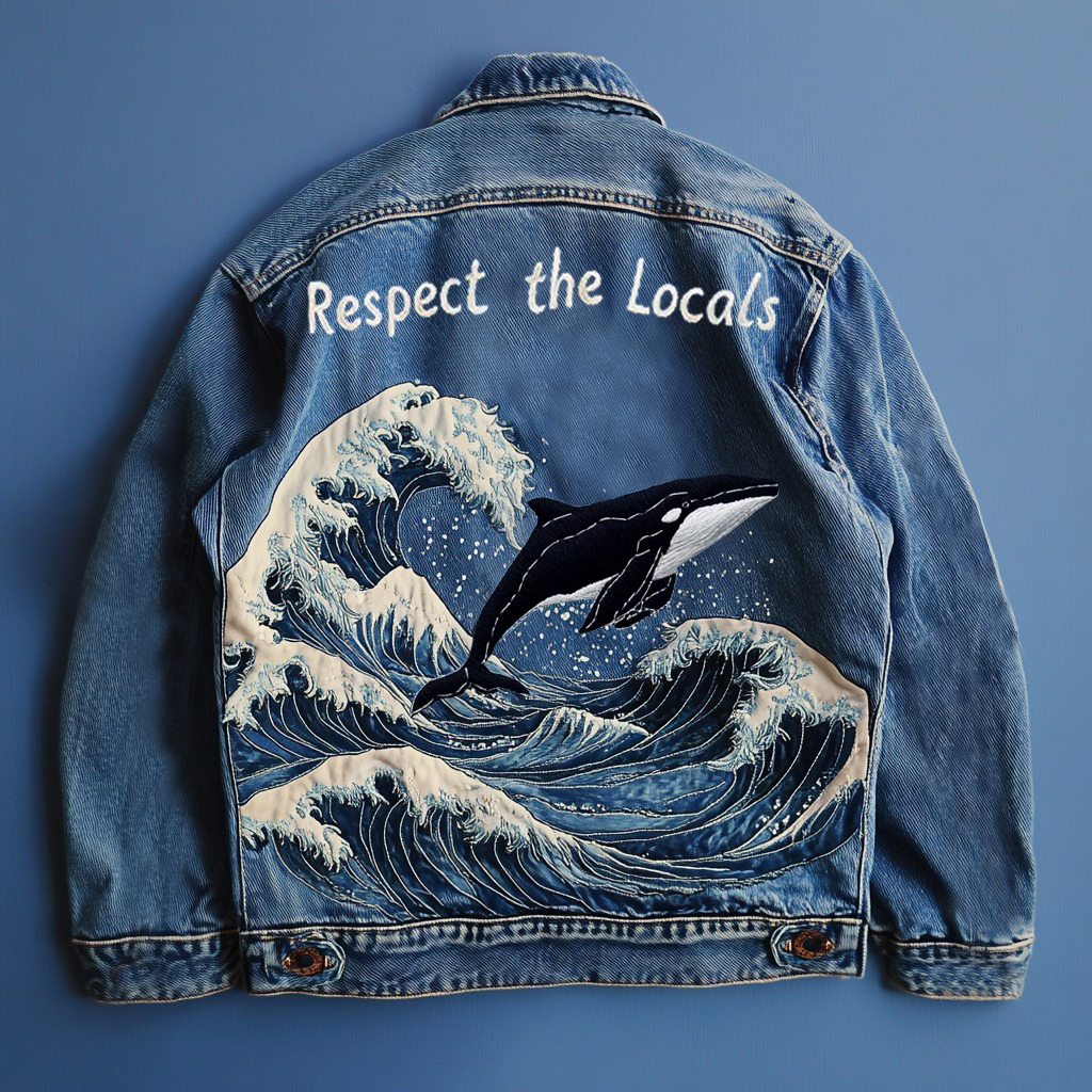 Retro Respect The Locals Waves And Whales Embroidered Art Denim Jacket