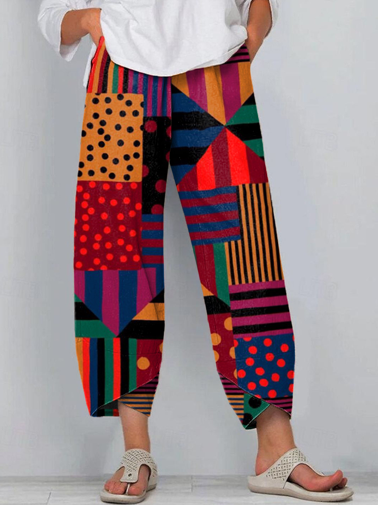 Women's Vintage Geometric Pattern Linen Blend Pants