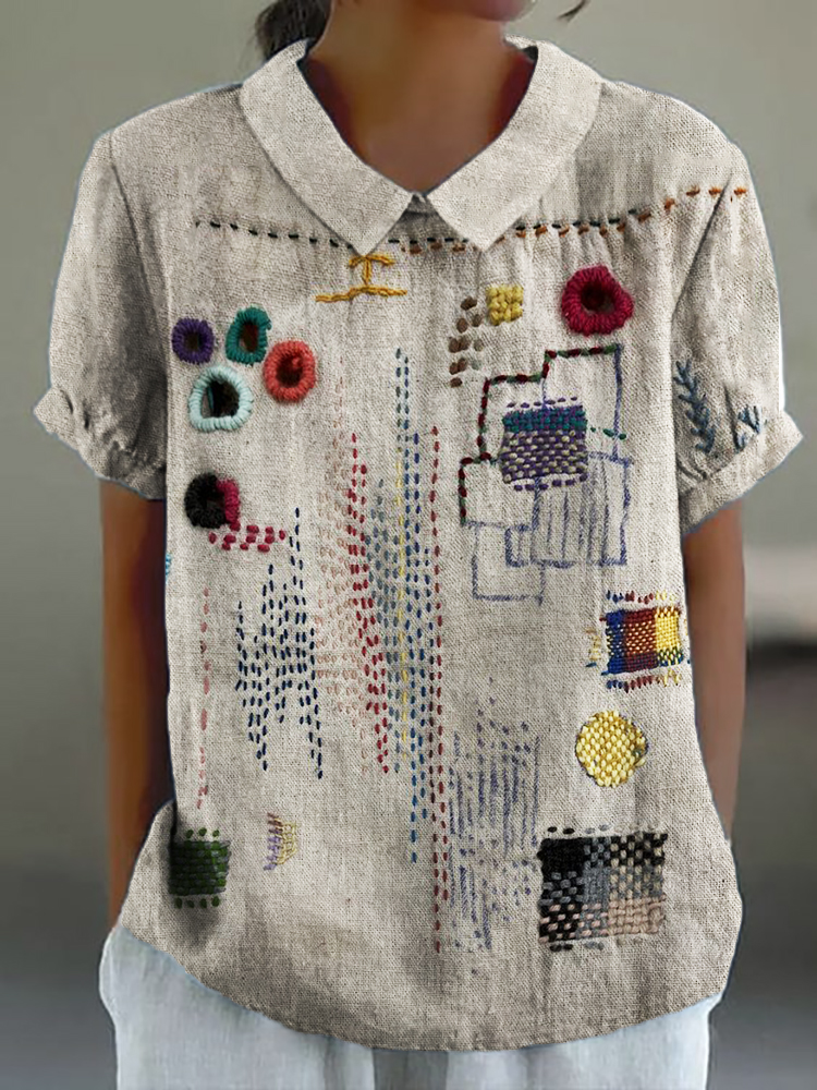 Colorful Embroidered Japanese Sashiko Art Linen Blend Shirt