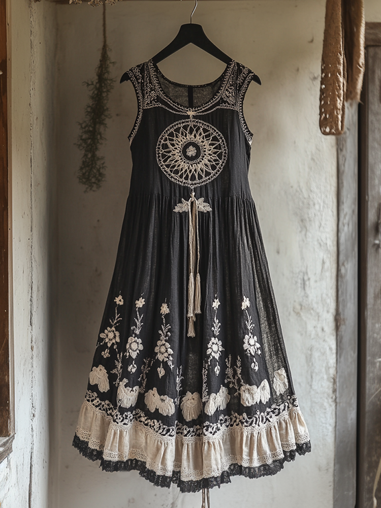 Vintage Viking Dreamcatcher Embroidered Flowy Linen Tank Dress
