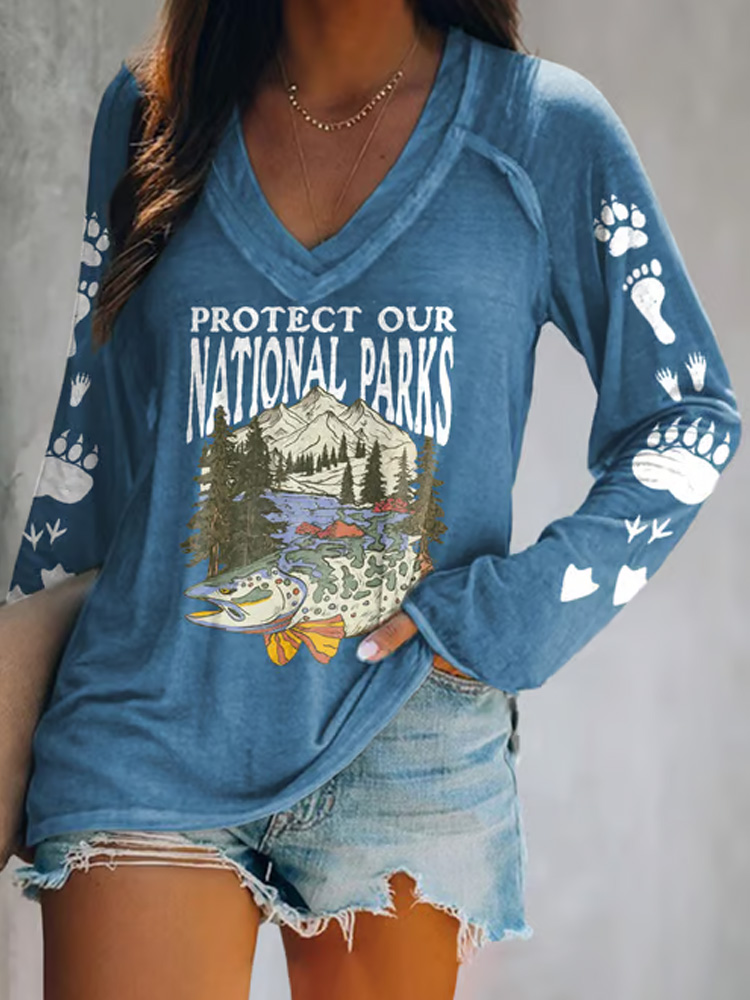 Women's Protect Our National Parks Print V Neck T-shirt