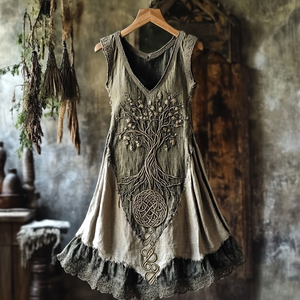 Tribal Life Of Tree Lace Contrast Color Art Linen Tank Dress
