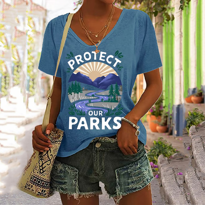 Women's Protect Our National Parks Print V Neck Casual T-shirt