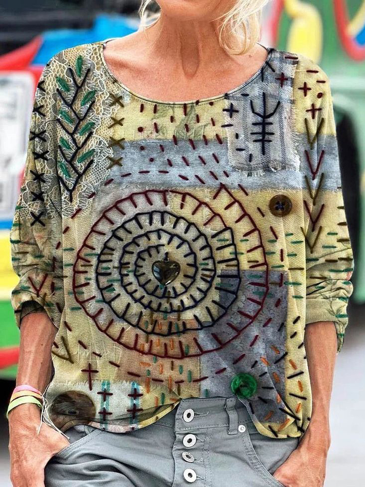 Geometric Stitch Embroidery Pattern Women's Linen Long Sleeve T-shirt