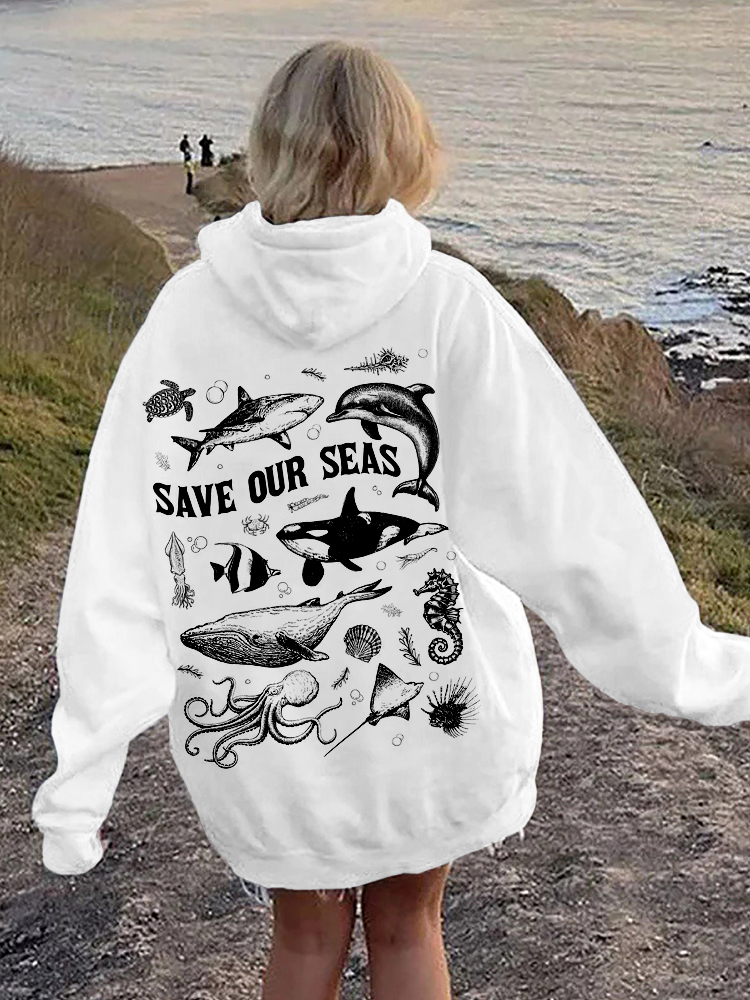 Save Our Seas Print Ocean Lover Comfy Hoodie
