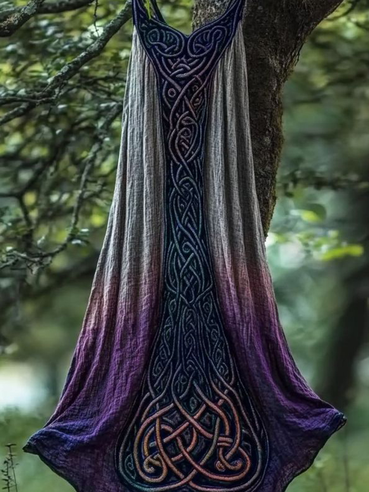 Vintage Viking Celtic Purple Gradient  Linen Midi Dress
