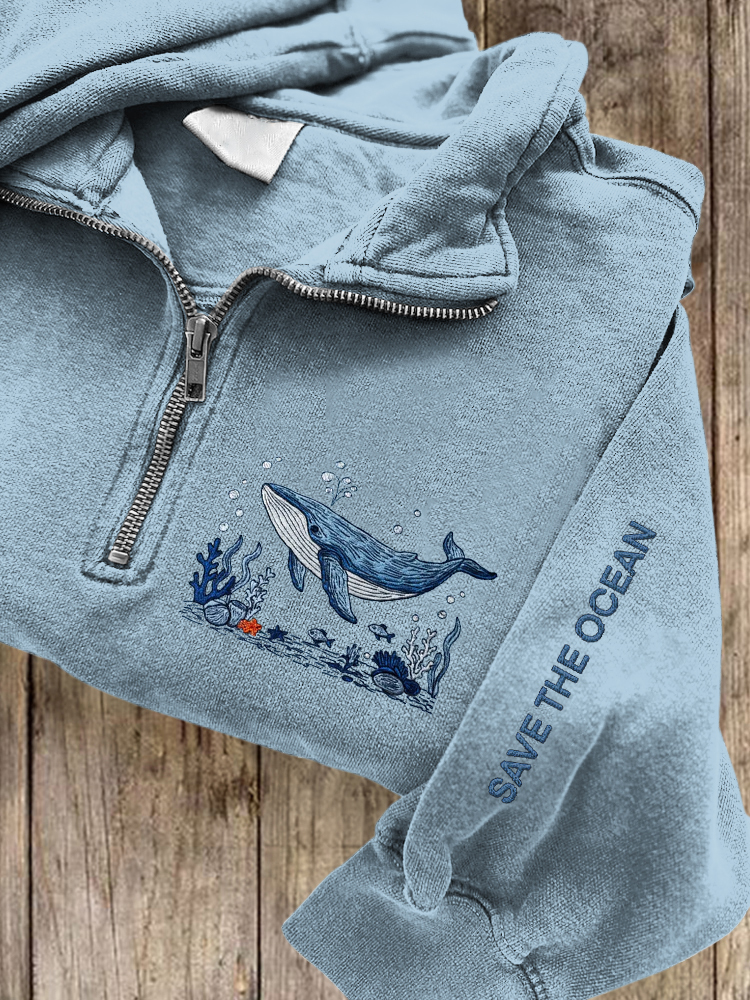 Save The Ocean Whale Embroidered Zip Up Sweatshirt