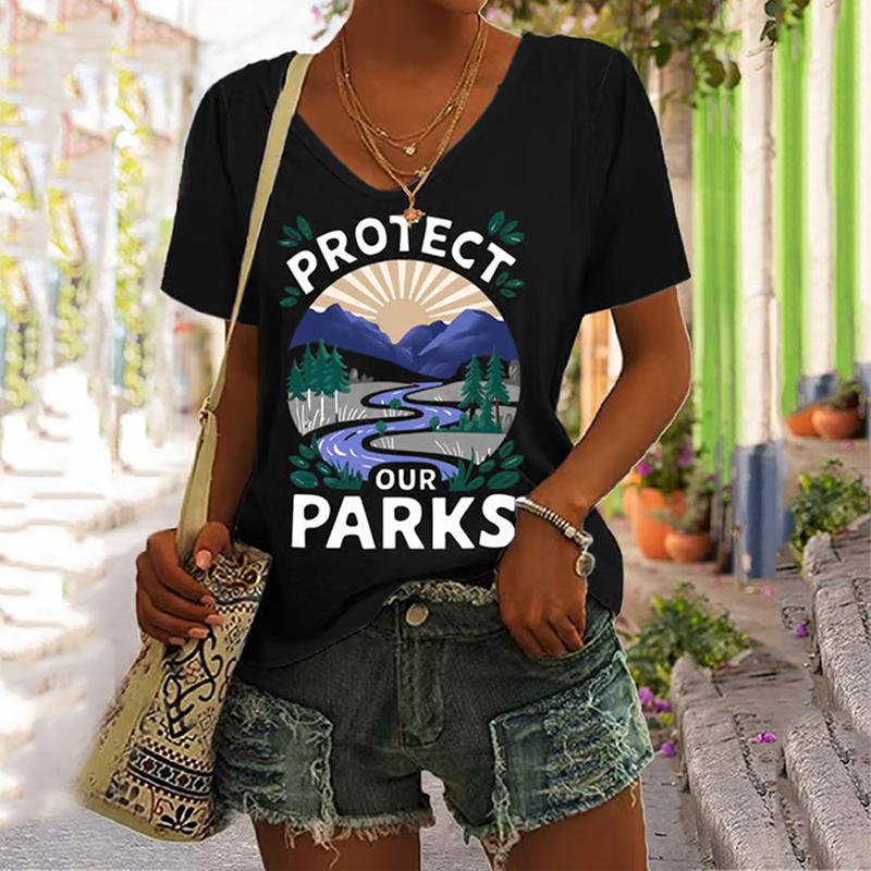 Women's Protect Our National Parks Print V Neck Casual T-shirt