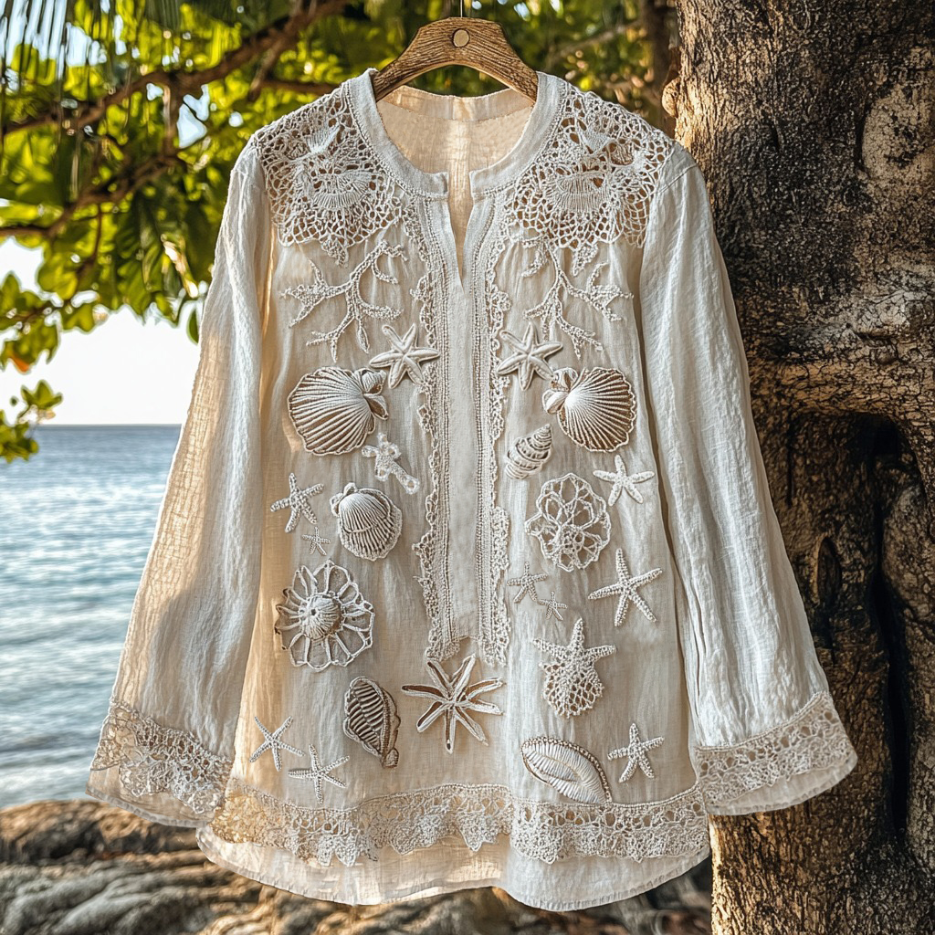 Holiday Ocean Shells Starfish Embroidered Lace Art Linen Blend Shirt