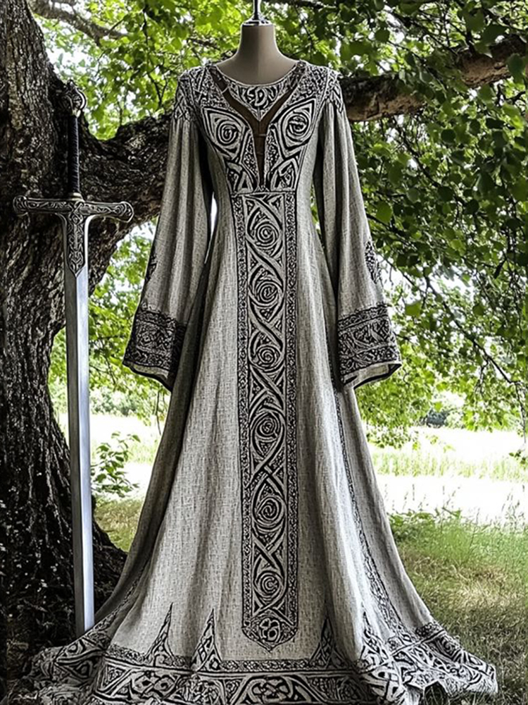 Vintage Viking Pattern V Neck Casual Maxi Dress