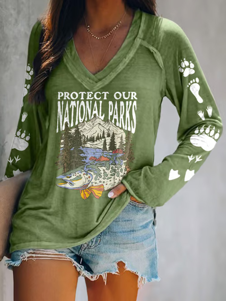Women's Protect Our National Parks Print V Neck T-shirt