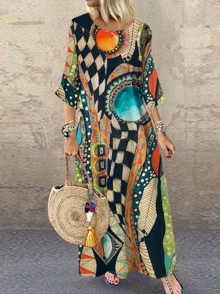 Vintage Geometric Abstract Art Women's Linen Maxi Dress