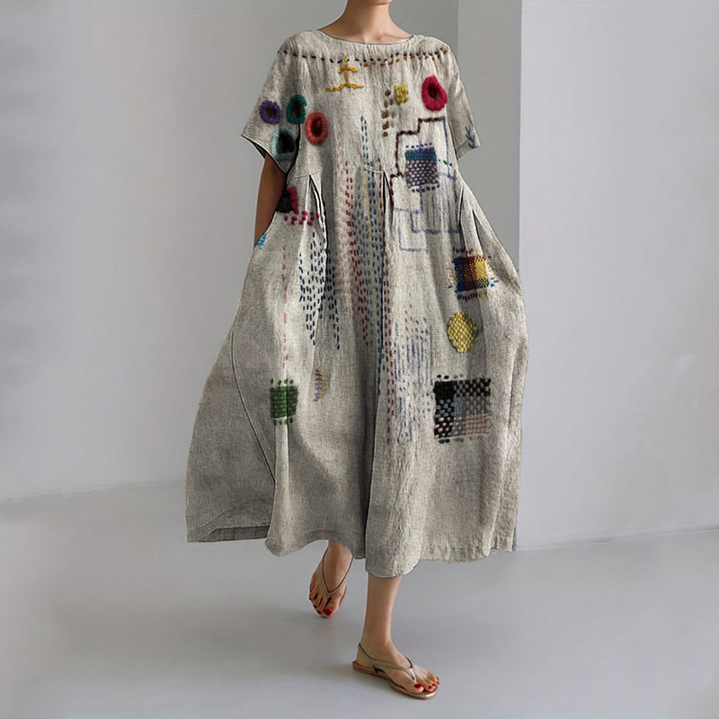 Colorful Embroidered Japanese Sashiko Art Linen Blend Maxi Dress