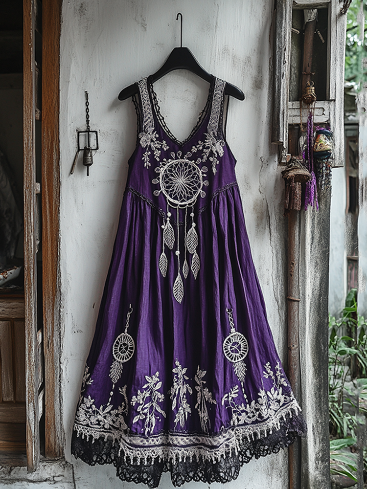 Women's Dreamcatcher Embroidered Flowy Linen Tank Dress
