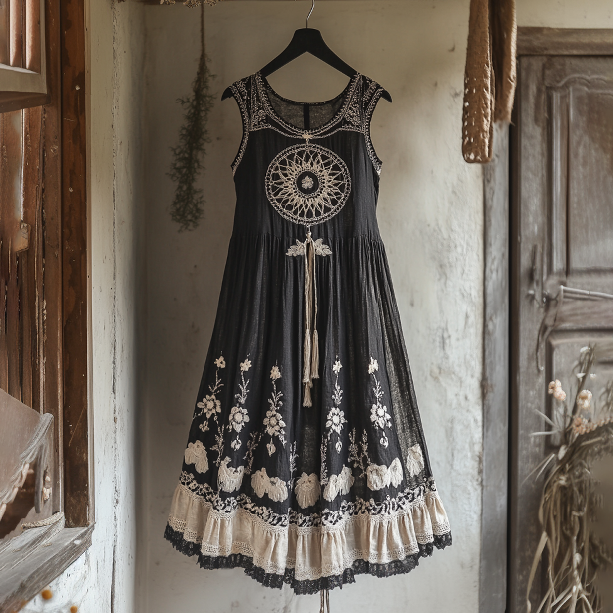 Vintage Viking Dreamcatcher Embroidered Flowy Linen Tank Dress