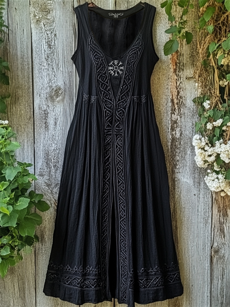 Viking Vegvisir Embroidered Celtic Knot Linen Tank Dress