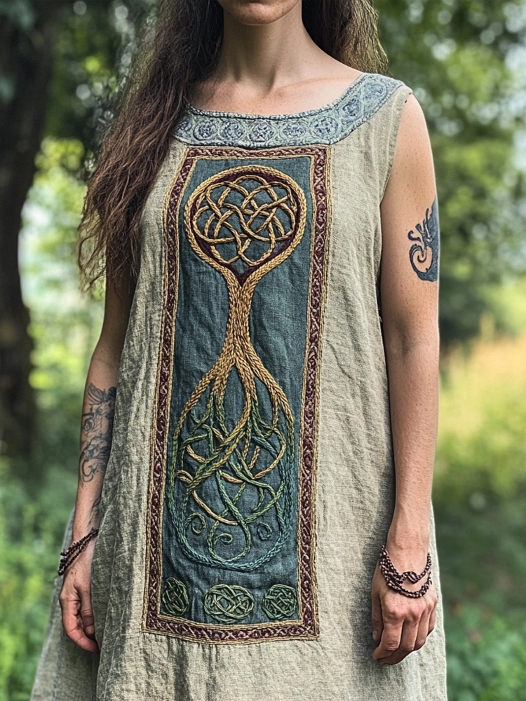 Vintage Viking Tree Of Life Embroidered Linen Tank Dress