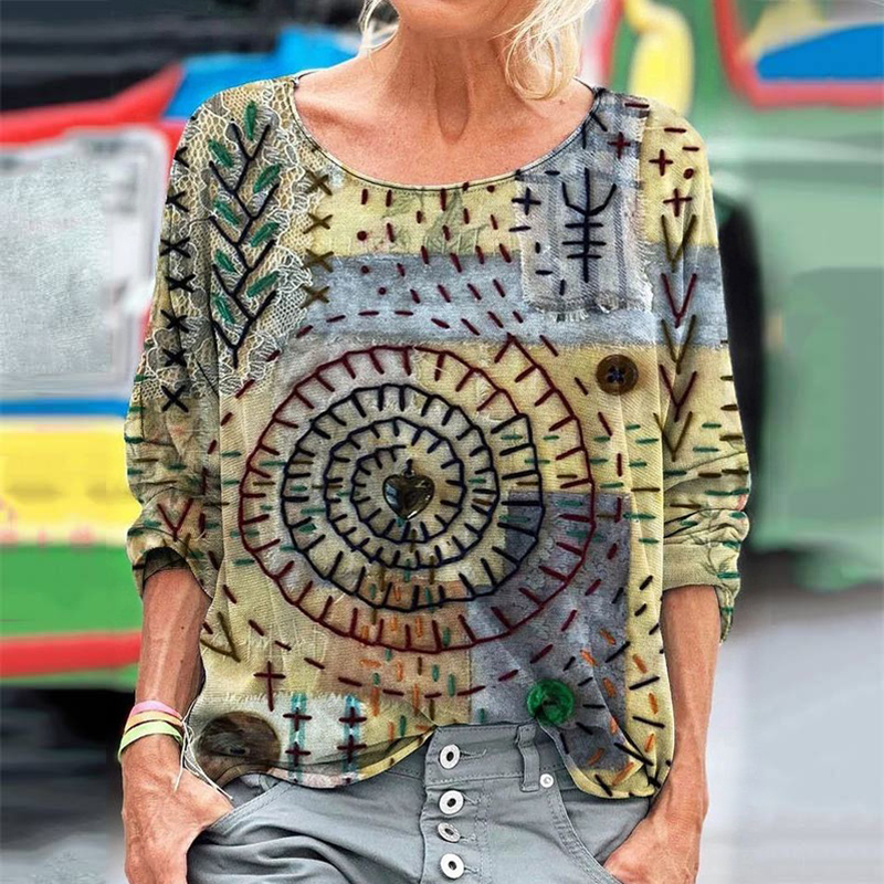 Geometric Stitch Embroidery Pattern Women's Linen Long Sleeve T-shirt