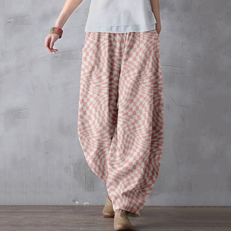 Wavy Checkerboard Pattern Linen Blend Comfy Pants