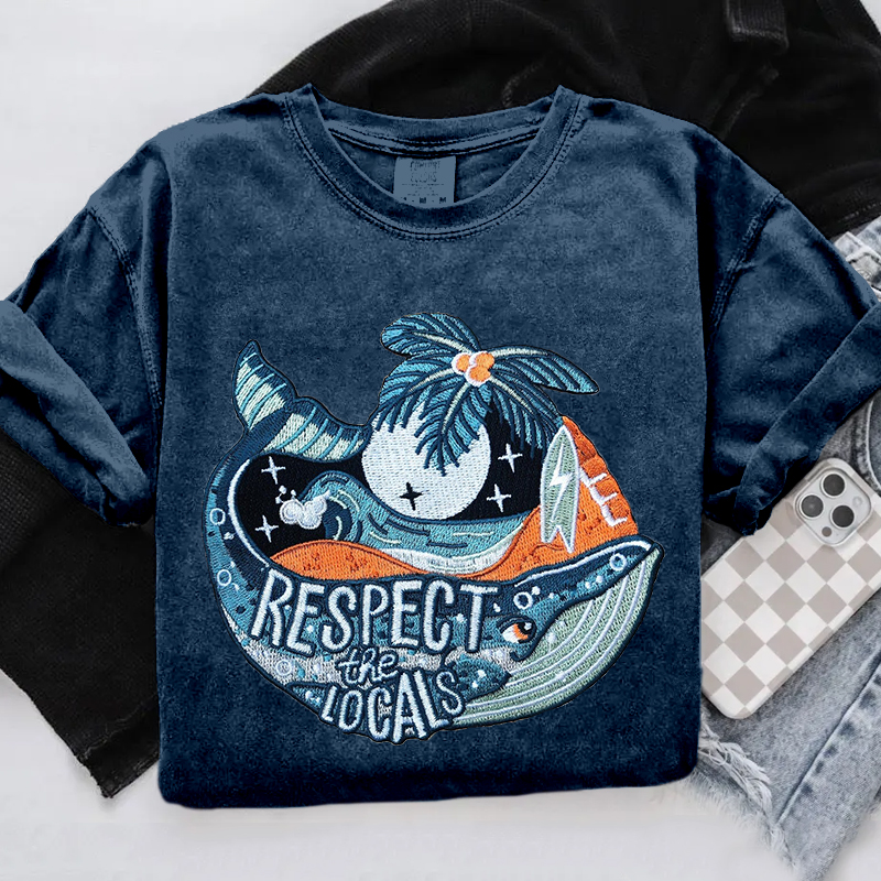 Respect The Locals Ocean Whale Embroidered Cozy T Shirt