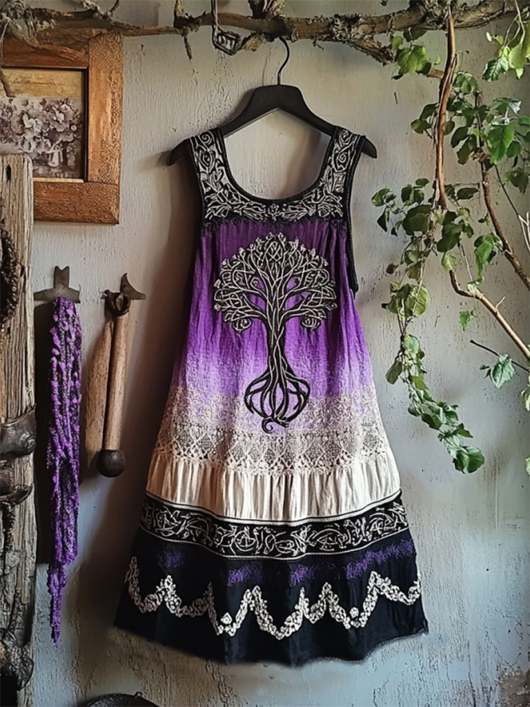 Vintage Tribal Celtic Knot Life Of Tree Patchwork Art Linen Tank Dress