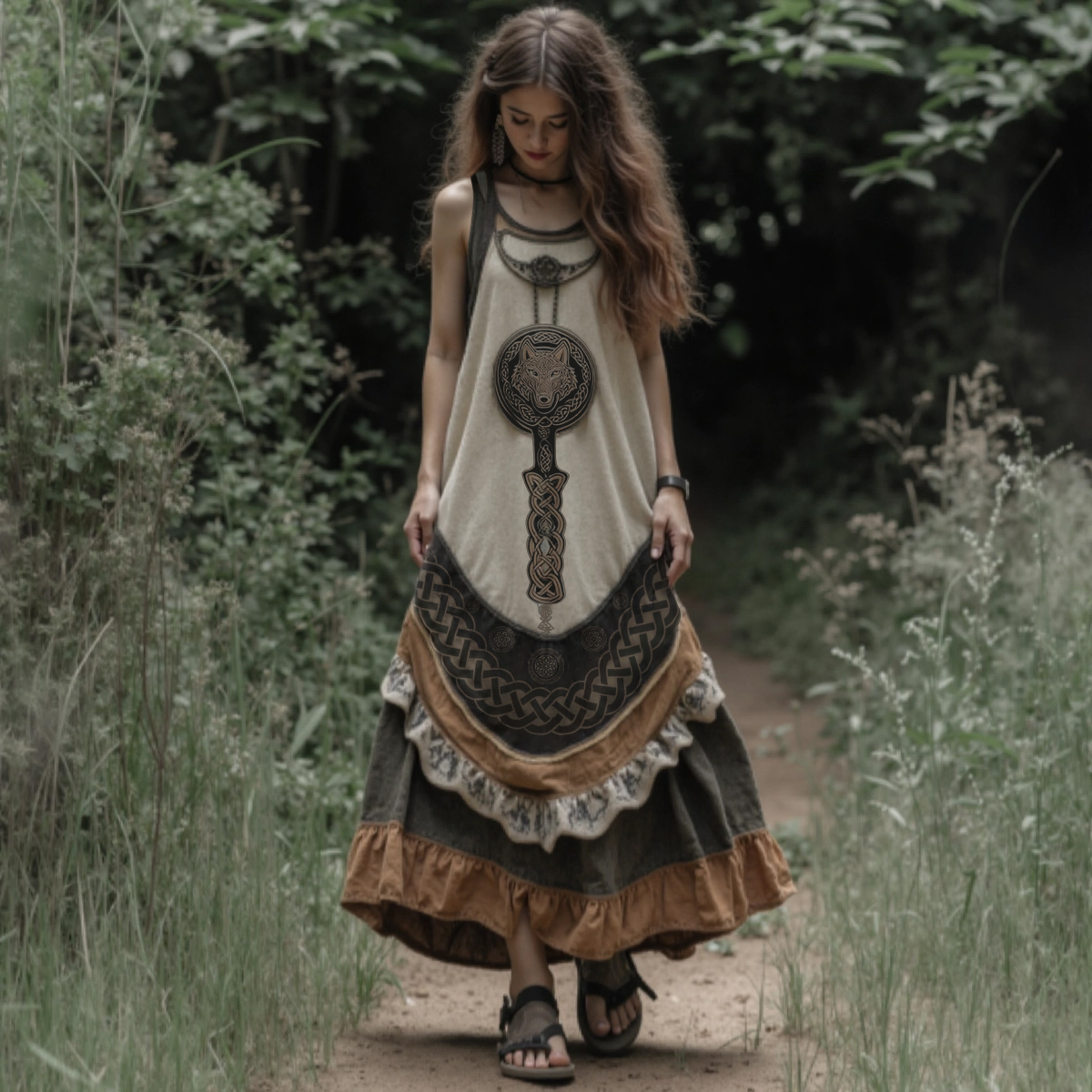 Vintage Tribal Viking Wolf Celtic Knot Linen Blend Tank Midi Dress