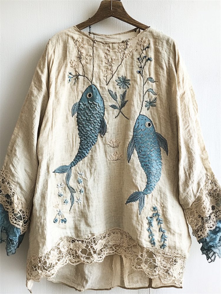 Carp Fish Embroidered  Lace Hem Linen Blend Tunic