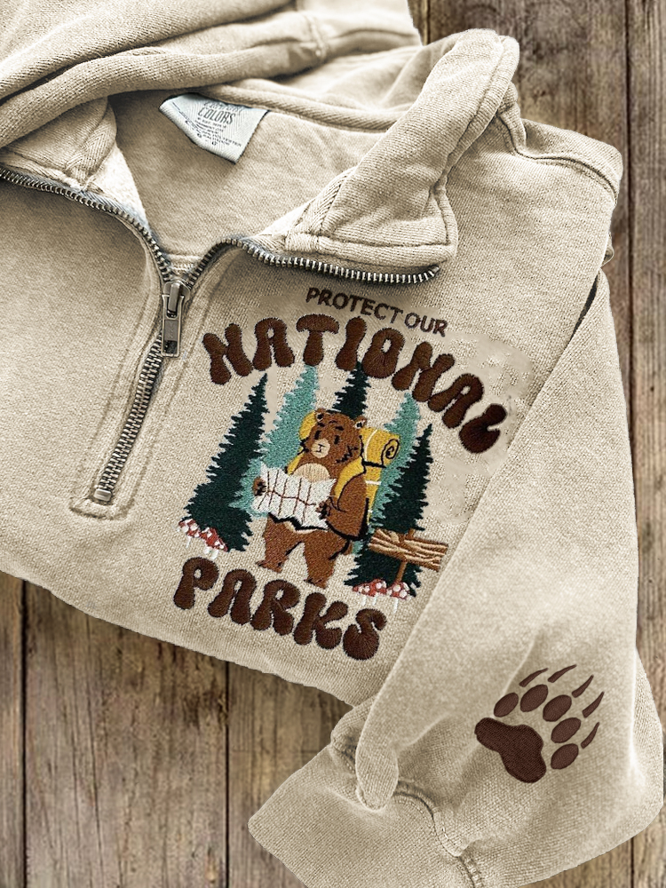 Protect National Parks Bear Embroidered Zip Up Sweatshirt