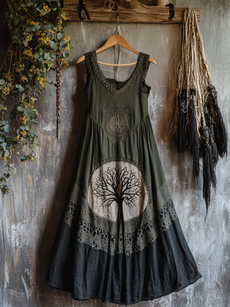 Tribal Celtic Knot Life Of Tree Lace Patchwork Art Linen Tank Dress