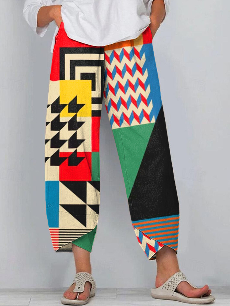 Women's Abstract Art Geometric Pattern Linen Blend Pants
